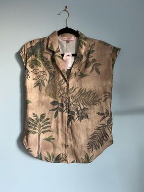 Philosophy Beige Tropical Print Cap Sleeve Button-Front Top